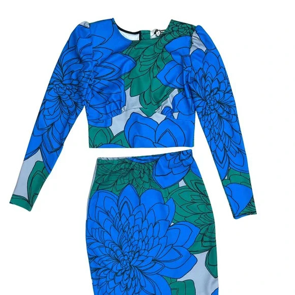 Tracy Reese Floral 2 Piece Set Womens XS Crop Top Mermaid Skirt Artsy Maximalist - Picture 2 of 16